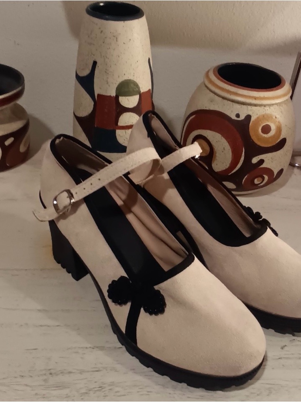 Women’s Cream Mary Jane Heels with Black Trim